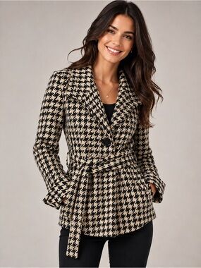 Ellen Tracy Black & Cream Houndstooth Belted Blazer